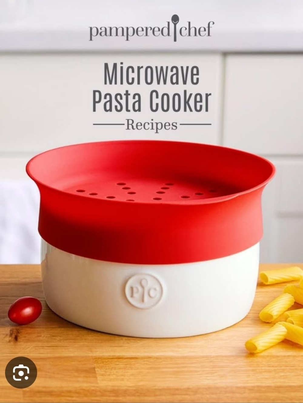 Pampered Chef Microwave Pasta Cooker #2633 Red White + Strainer Lid EUC